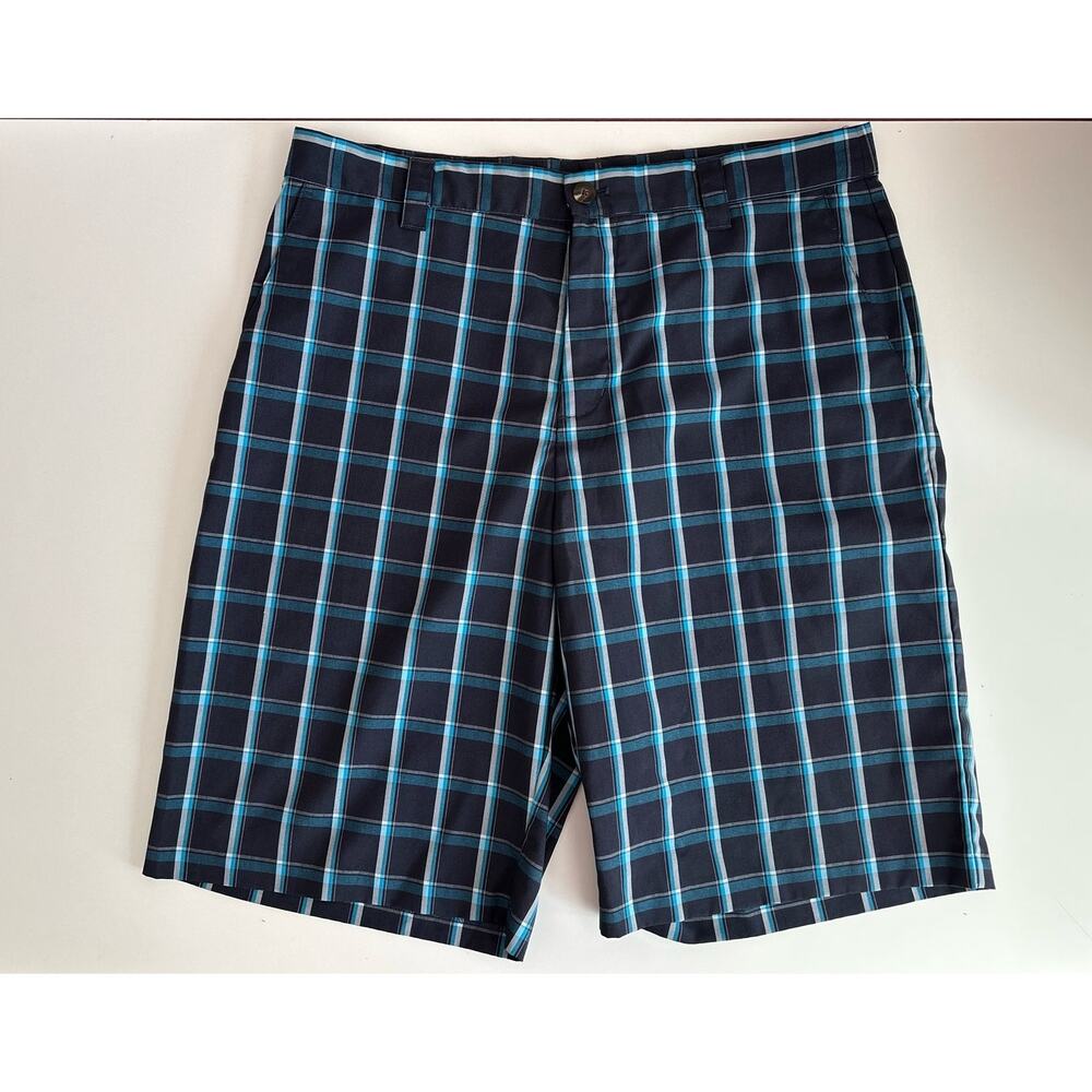 Adidas Climate Men´s Golf Shorts Performance Flat Front Blue Plaid Logo Size 34